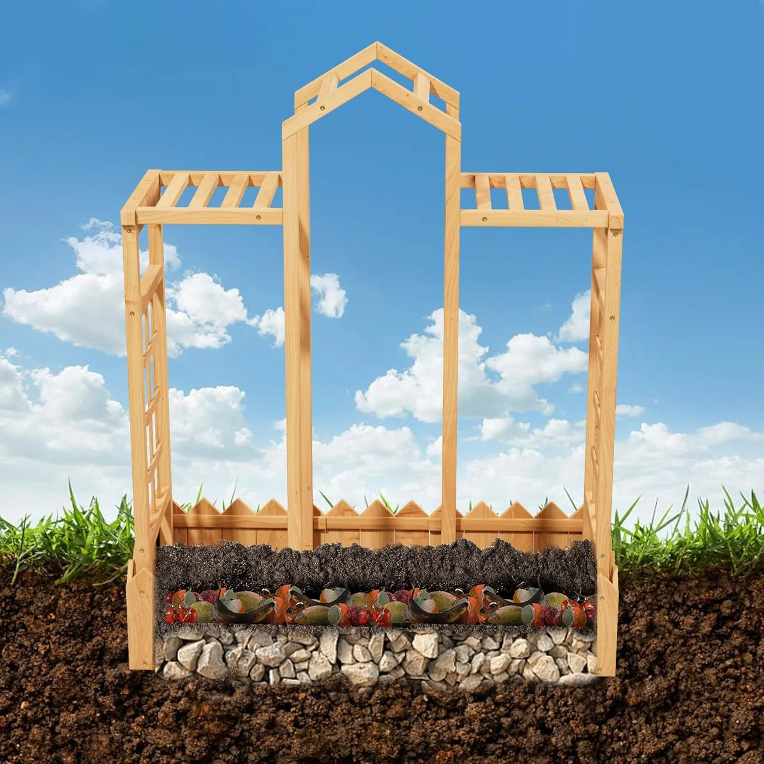 Garden Bed with Arch Trellis, Wood Planter Box with Hanging Roof, Garden Bed for Outdoor Climbing Plants Vines Patio - Image 6