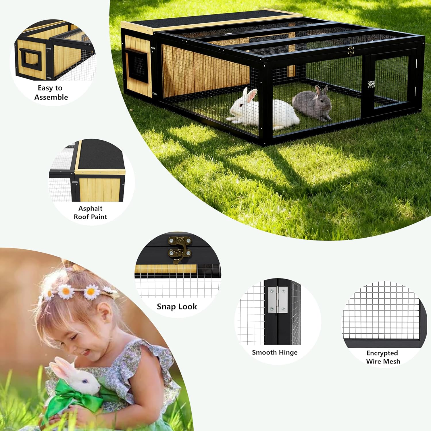 Wooden Rabbit Hutch with Waterproof Roof Openable Top Outdoor/Indoor Bunny Cage, Expandable Playpen for Chicken, Quail, Guinea Pigs (Yellow) - Image 4